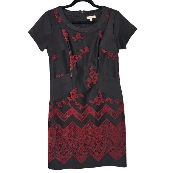 Halo Womens Size S Black Red Velvet Floral Sheath Mini Dress Gothic Office - Picture 1 of 13